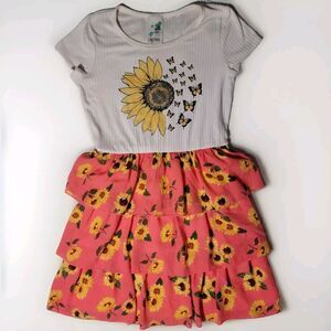 Girls Sunflower Dress Size 10 Tiered Skirt Coral Butterflies Cute Casual Comfy